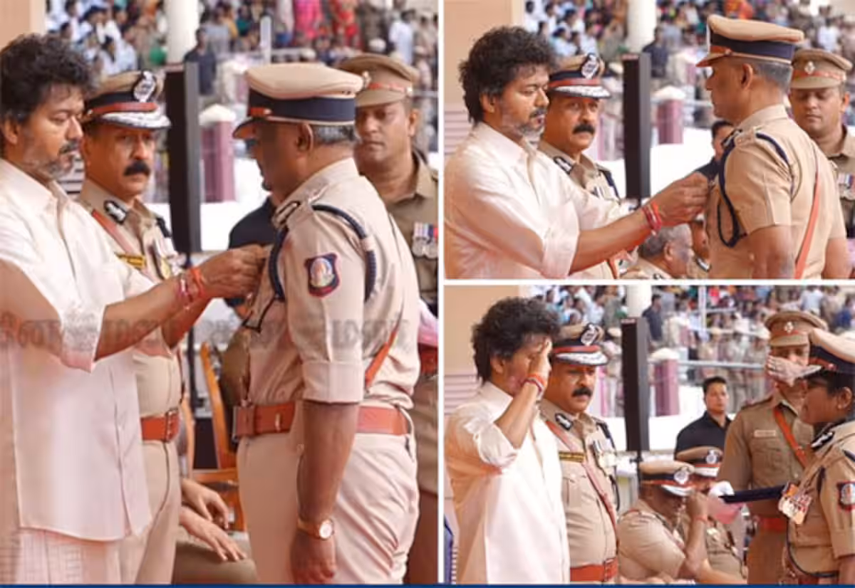 போலீஸ் அதிகாரிகளுக்கு பதக்கங்களை வழங்கினார் முதல்வர் விஜய்