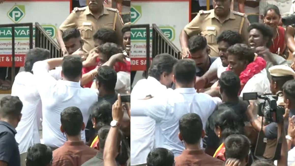 மதுராந்தகம் இடைத்தேர்தல் பிரசாரம்: மாலை அணிவிக்க வந்தவரை நெகிழவைத்த விஜய்